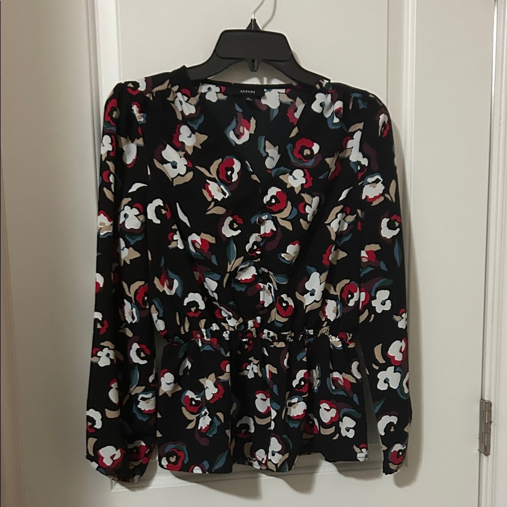 Alfani Black Floral V-Neck Long Sleeve Blouse with Red, White, Teal, Tan Accents